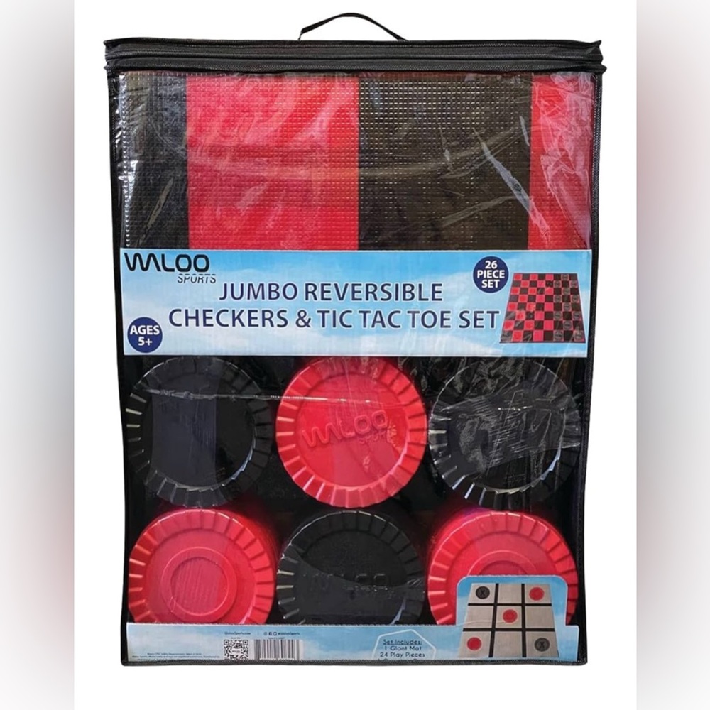 Waloo Sports Jumbo Reversible Checkers & Tic Tac Toe Play Set with Carrying Bag